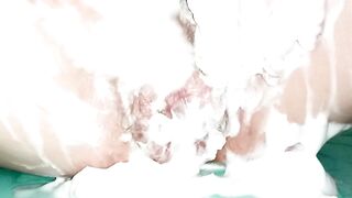 Pissing and Playing Hairy Pussy with Foam. Detailed.