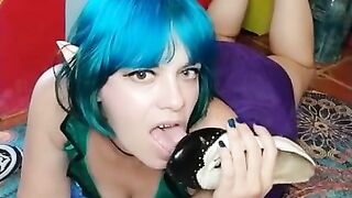 Elf girl takes off shoes and thigh highs