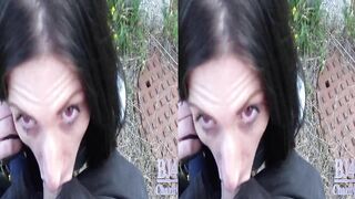 3D POV blowjob in park. Perfect  cocksucker without bra take mouthful.