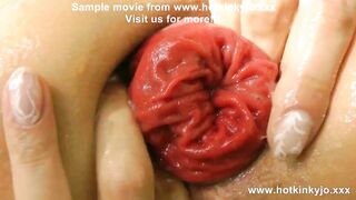 Sexy Red Riding Hood Hotkinkyjo self fisting her ass, gape & anal prolapse at Swiny Castle yard