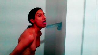 Petite Tgirl Sucks Wall Mount Dildo Lovingly