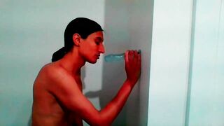 Petite Tgirl Sucks Wall Mount Dildo Lovingly