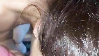 Quick blowjob in front of the mirror