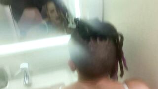 Milf slut fucks and sucks in the bathroom