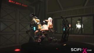 A sexy cuffed blonde gets fucked by sex cyborg dickgirl in the sci-fi lab