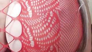 Sexy Susi is wearing red fishnet She is rubbing her pussy with bbc