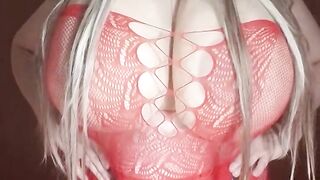 Red devil lady with strapon is giving instructions