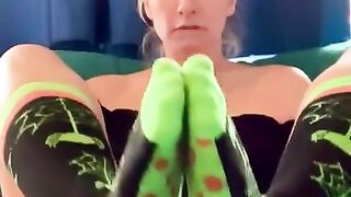 Im so horny, Let me give you a Footjob with my Halloween Socks On