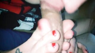 Redhead emo girl gives footjob blowjob combo with oral creampie