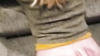 Girlfriend takes a pounding on the stairs and cum on her ass