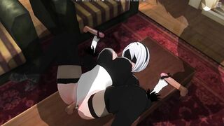 3D HENTAI 2B fucks three guys at once