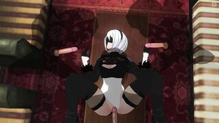 3D HENTAI 2B fucks three guys at once