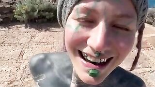 Happy hippie girl having a big cumshot load in her face after getting hard anal fucked in puplic