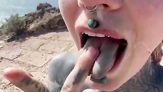 Happy hippie girl having a big cumshot load in her face after getting hard anal fucked in puplic