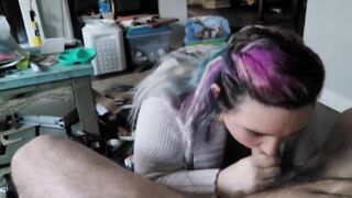 Business lady sucks my cock and catches cum