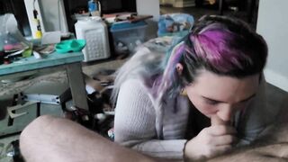 Business lady sucks my cock and catches cum