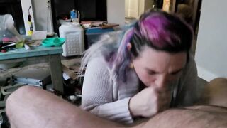 Business lady sucks my cock and catches cum