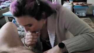 Business lady sucks my cock and catches cum