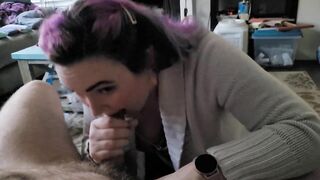 Business lady sucks my cock and catches cum