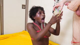 Throat fucked ebony sub is bound and tied