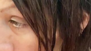 Closeup of pretty girls mouth and face while she sucks on big cock