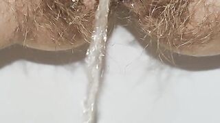 Powerful stream of piss from my hairy pussy | Up Close POV | Free Pee Porn Videos