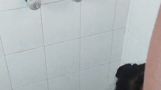 my brother-in-law gets into the shower and convinces me to give him a delicious blowjob and he cums