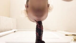 Mixed girl throat trains with fat black dildo