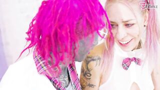 Schoolgirl tranny fucks classmate with tattooed dick! ANAL gapes, Cum covered ass